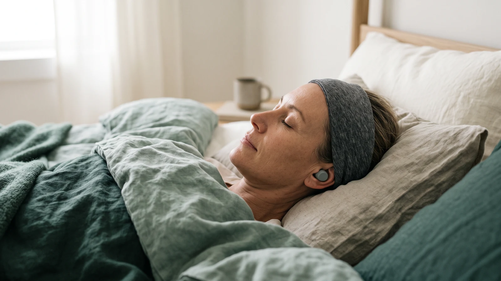 A close editorial view of an adult resting with a soft non-branded sleep headband and tiny sleep earbuds, tactile linen and quiet technology.