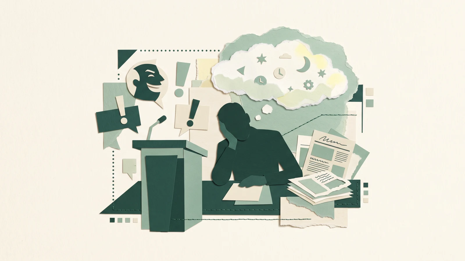 A tasteful editorial collage about sleep becoming a political punchline, using an anonymous office silhouette, paper cutouts, and a soft dream cloud, with no public-figure likeness.