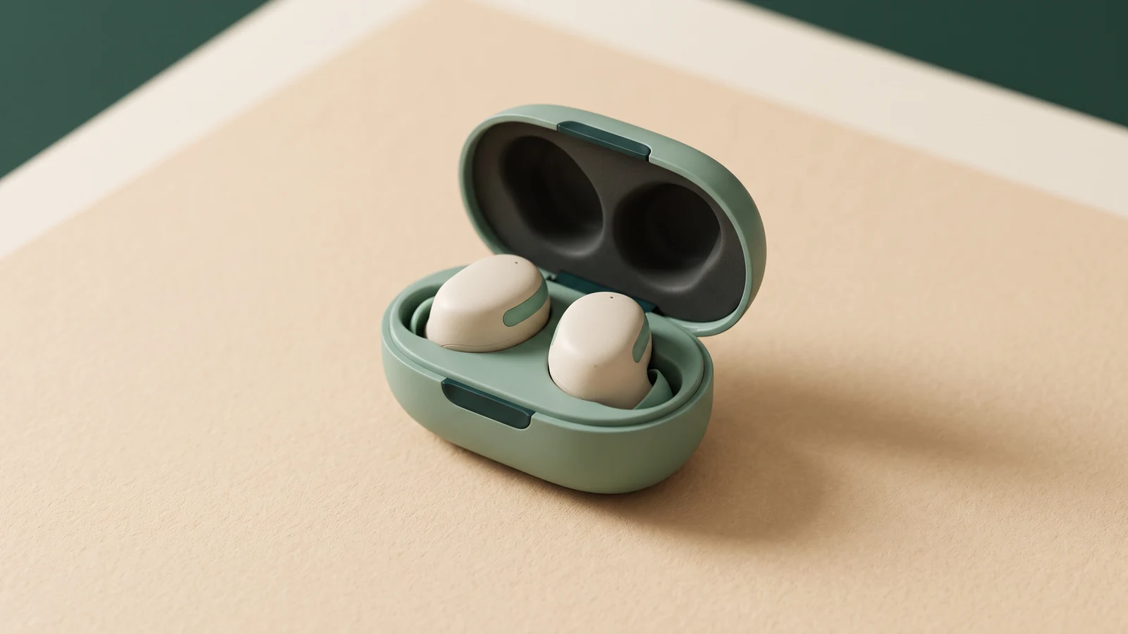 A compact pair of ergonomic sleep earbuds in a smooth charging case on warm paper, premium generic industrial design with soft sage details.