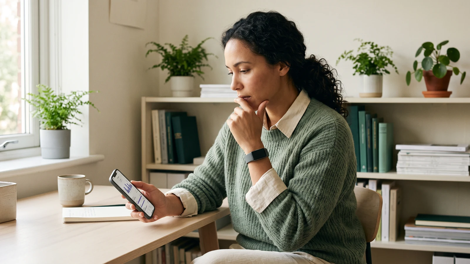 The same theme from a fresh angle: an anonymized professional considering how wearable metrics shape sleep anxiety, contemplative and human.