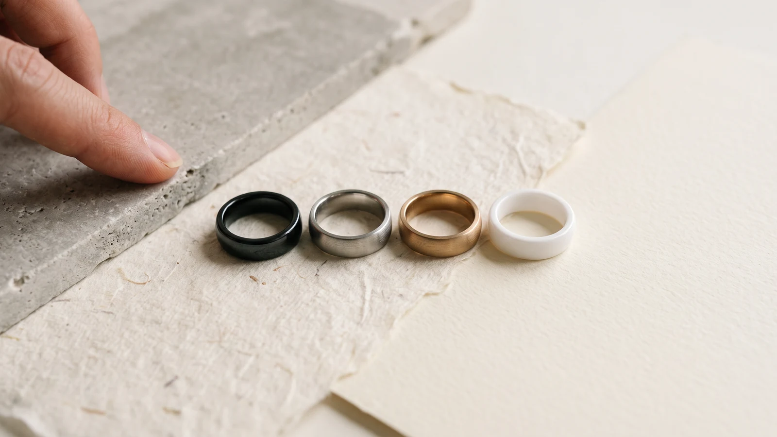 A refined lineup of generic smart rings in ceramic, graphite, silver, and warm metallic finishes on a softly lit paper-and-stone surface.