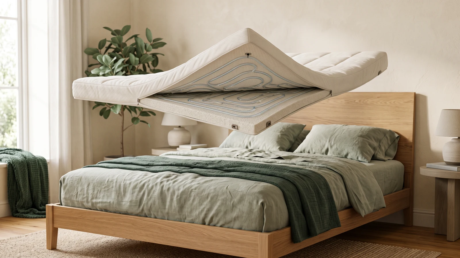 An elegant generic smart mattress topper floating slightly above a modern bed to reveal thin water channels and quiet sensing layers, no exploded-view labels.