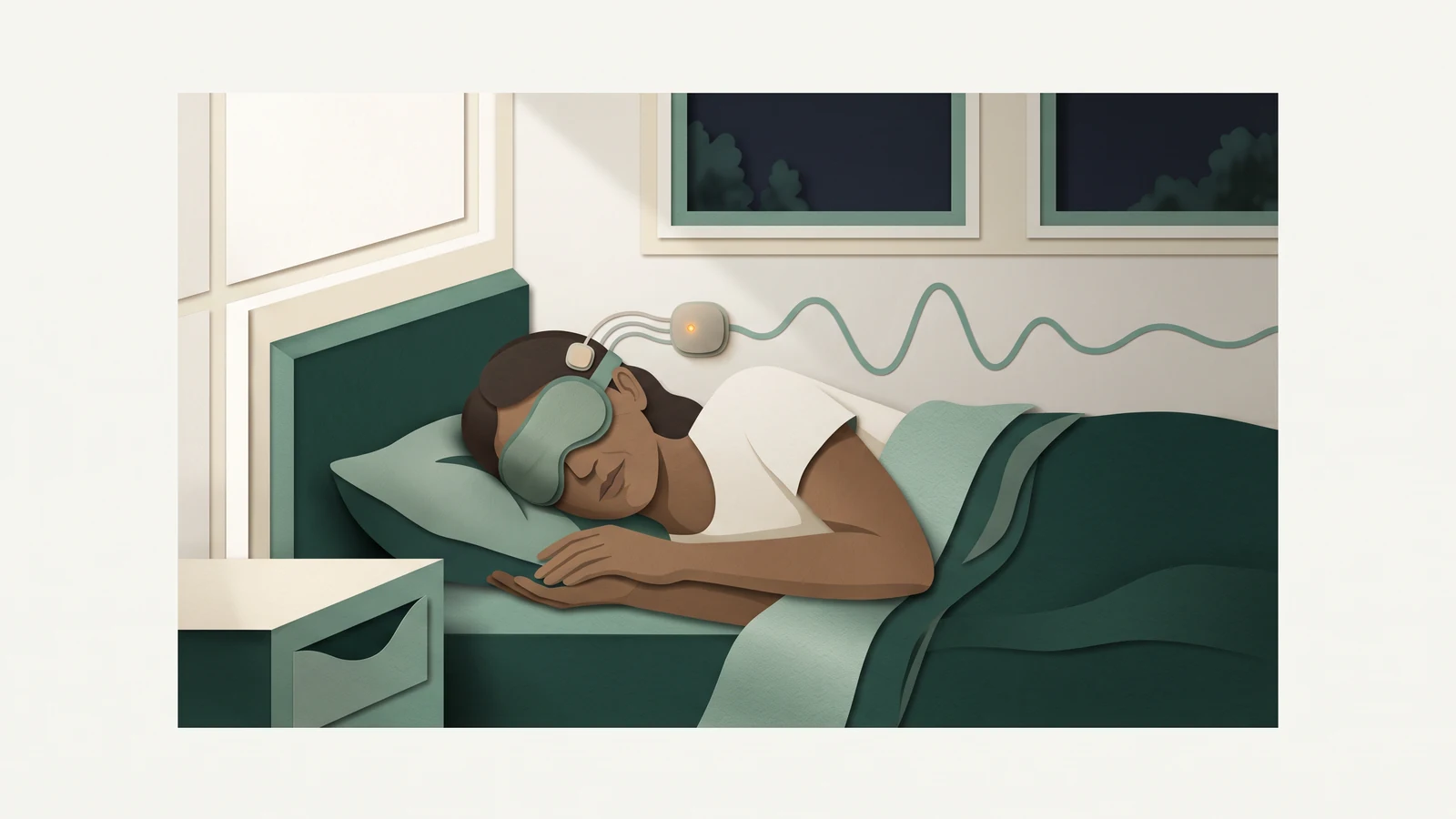 A sleeping adult with a small non-invasive EEG device, paired with a subtle organic slow-wave line and a quiet nighttime bedroom atmosphere.