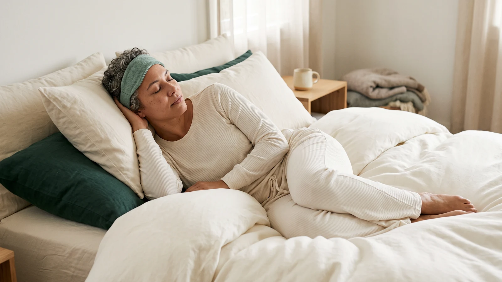 A relaxed adult reclining in soft loungewear with a discreet dry-electrode sleep headband, bright sculptural bedding and restorative calm.