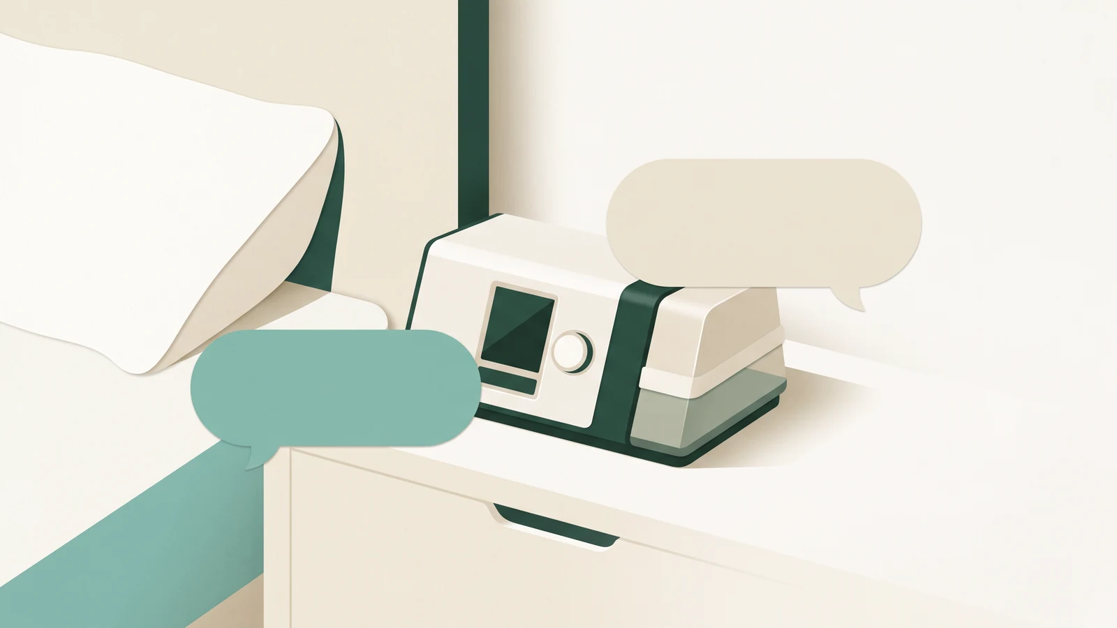 Two anonymous research voices represented by rounded dialogue shapes around a quiet bedside device, expressing a wish for actionable sleep help rather than more data.
