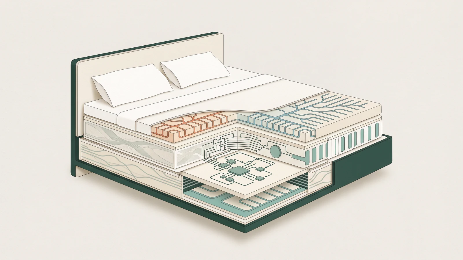 A soft architectural cutaway of an intelligent bed showing sensing, decision, and temperature-control layers as clean unlabeled modules.