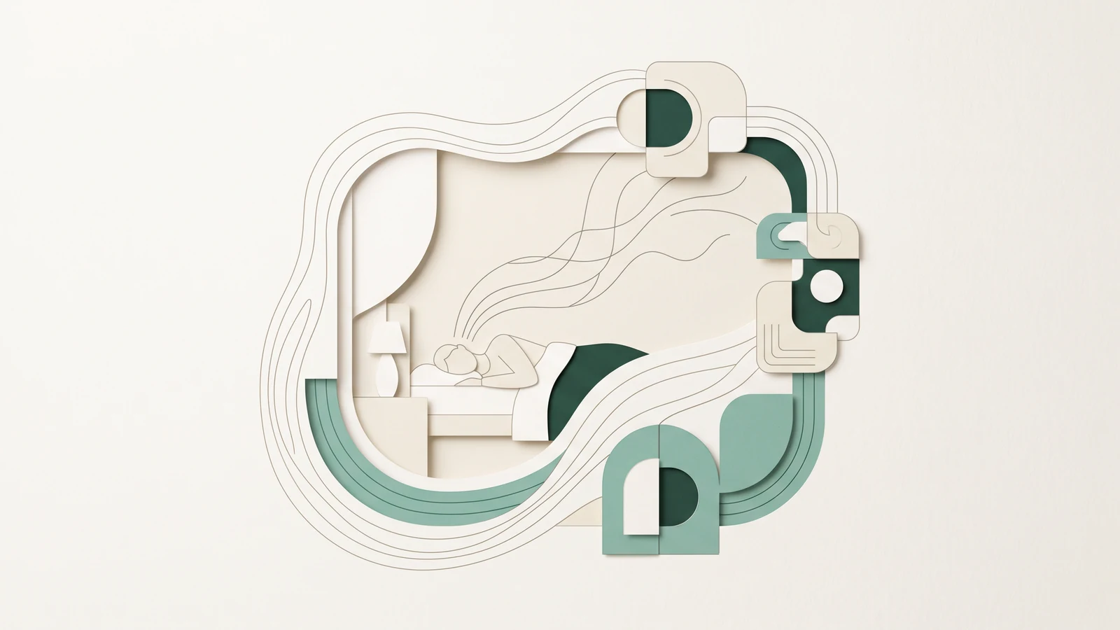 A human-centered sleep intelligence loop: breathing and motion become a gentle model signal, which returns as a calmer bedroom environment, drawn with unlabeled thin lines.