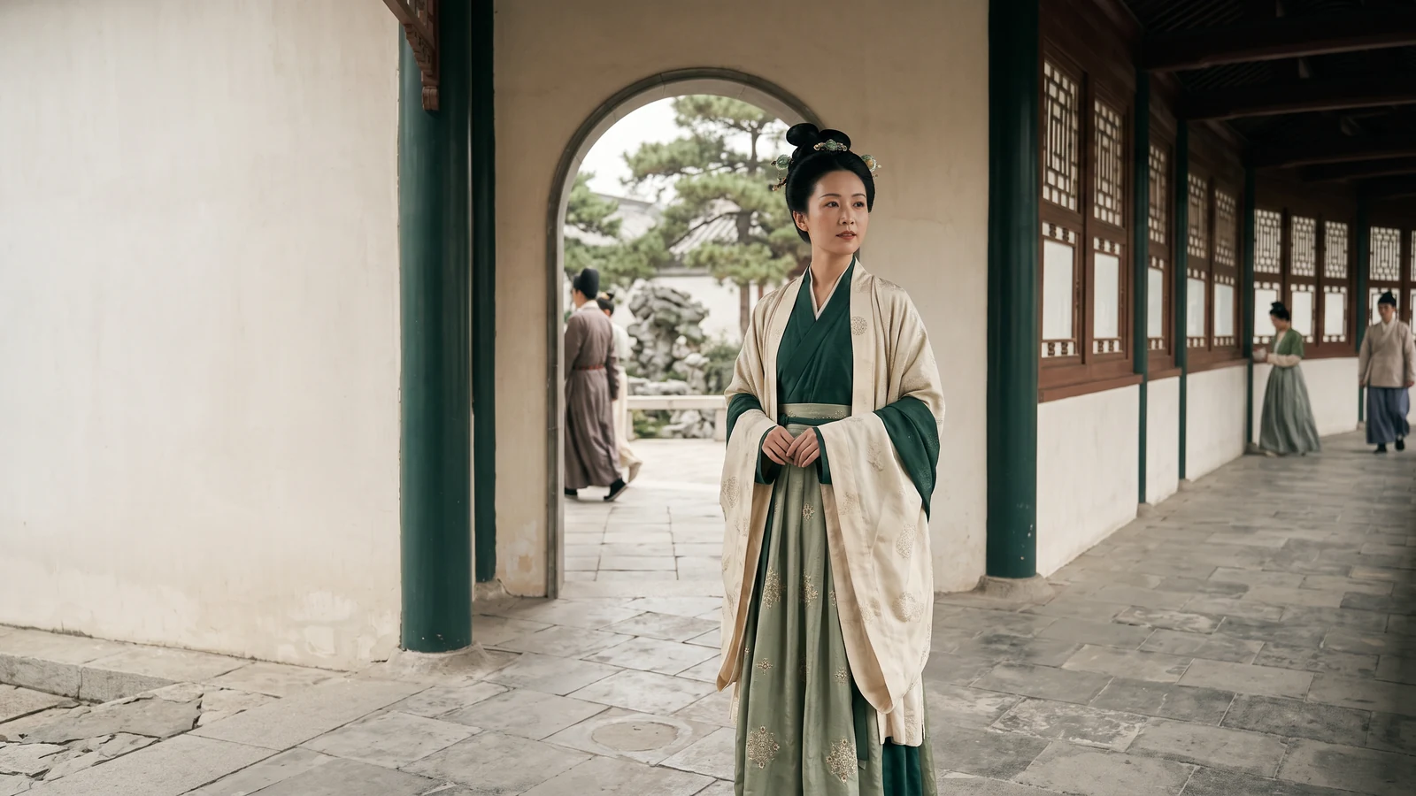 A Tang-dynasty court woman standing at a branching palace threshold in a cinematic scene.