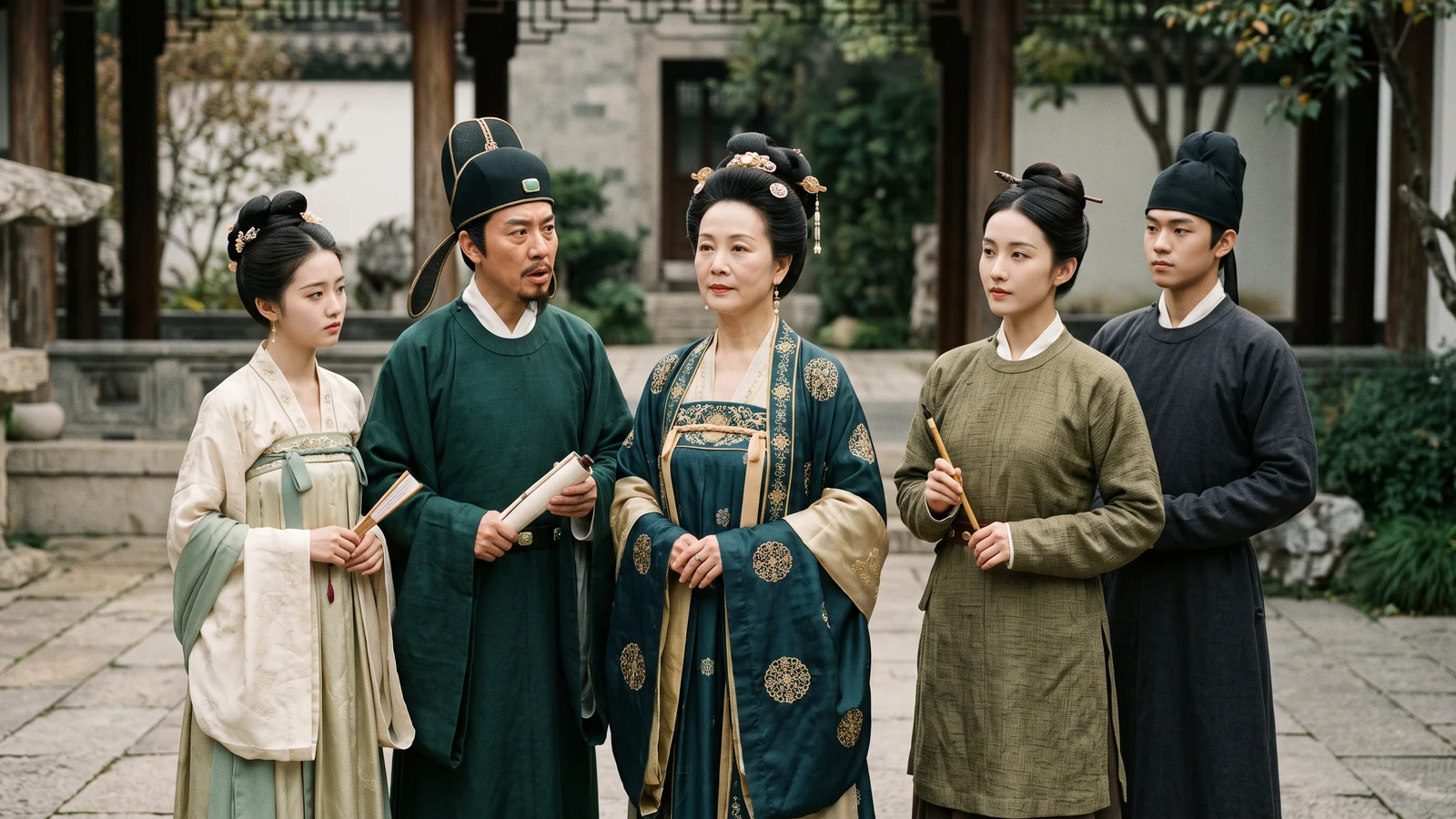 An original ensemble of Tang-dynasty court figures in richly researched period clothing, arranged like a prestige interactive-drama key visual without copying actors or characters.