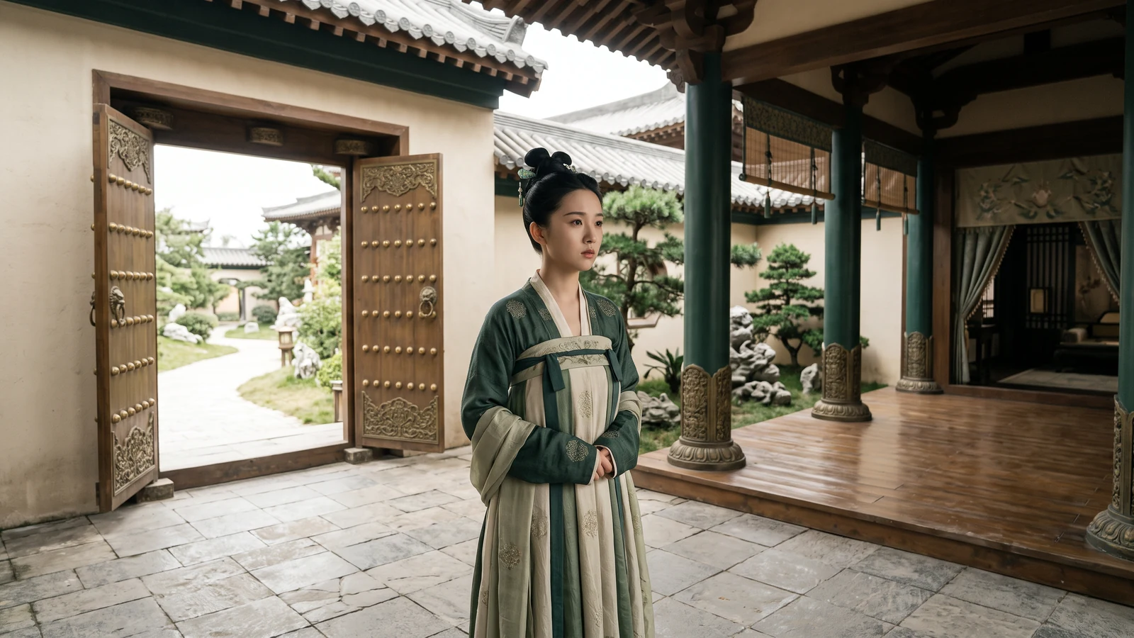 A first-person interactive-drama moment in a Tang palace where a young court attendant faces two consequential paths, cinematic but with no UI or text.