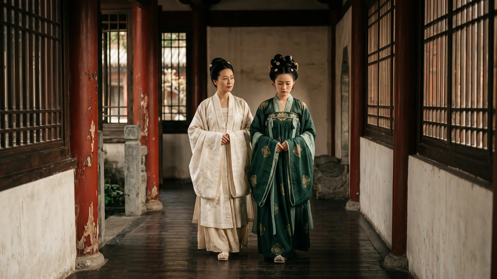 Two original Tang-dynasty court women walking through a palace corridor while one decision quietly changes their fate, cinematic and emotionally immediate.
