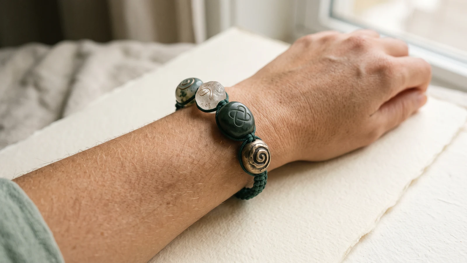 A close still life of a five-bead symbolic bracelet inspired by fortune, luck, wealth, longevity, and status, with abstract motifs rather than written characters.