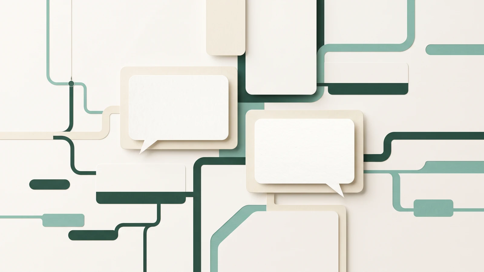 Two anonymous global player voices represented as rounded dialogue cards around a branching narrative map, with ample blank fields and no text.