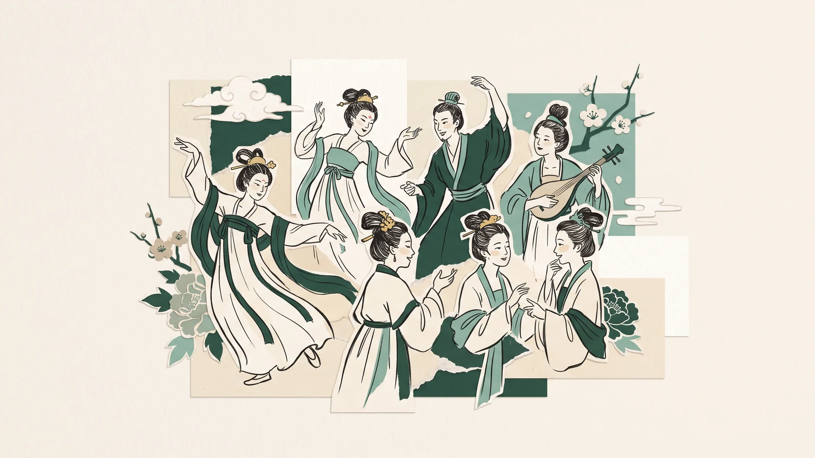 An original fan-art collage inspired by Tang-dynasty costume drama: expressive drawn figures, flowers, paper textures, and handmade community energy without copying existing characters.