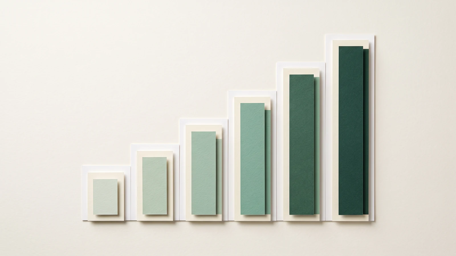 A six-step market-growth chart rendered as sculptural paper bars from pale sage to deep pine, clearly increasing over time but containing no labels or numbers.