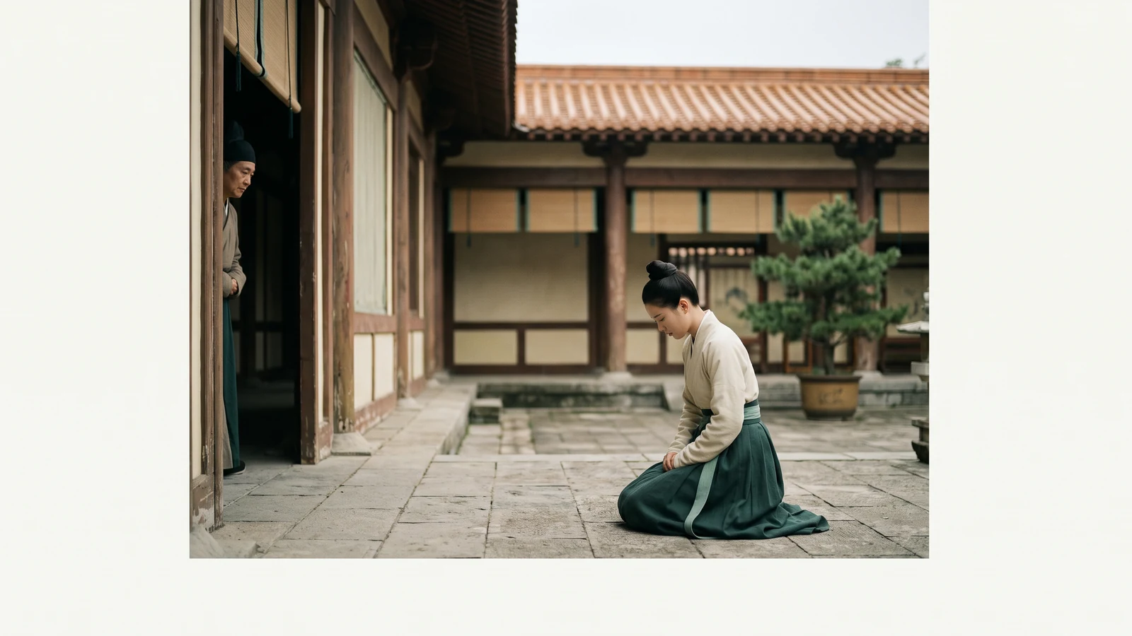 A tense Tang-palace courtyard choice rendered as an original cinematic scene, one attendant kneeling while another watches from a distance, no UI, captions, or copied characters.