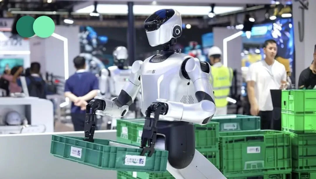 A humanoid service robot sorts green storage crates at the WAIC 2026 exhibition.